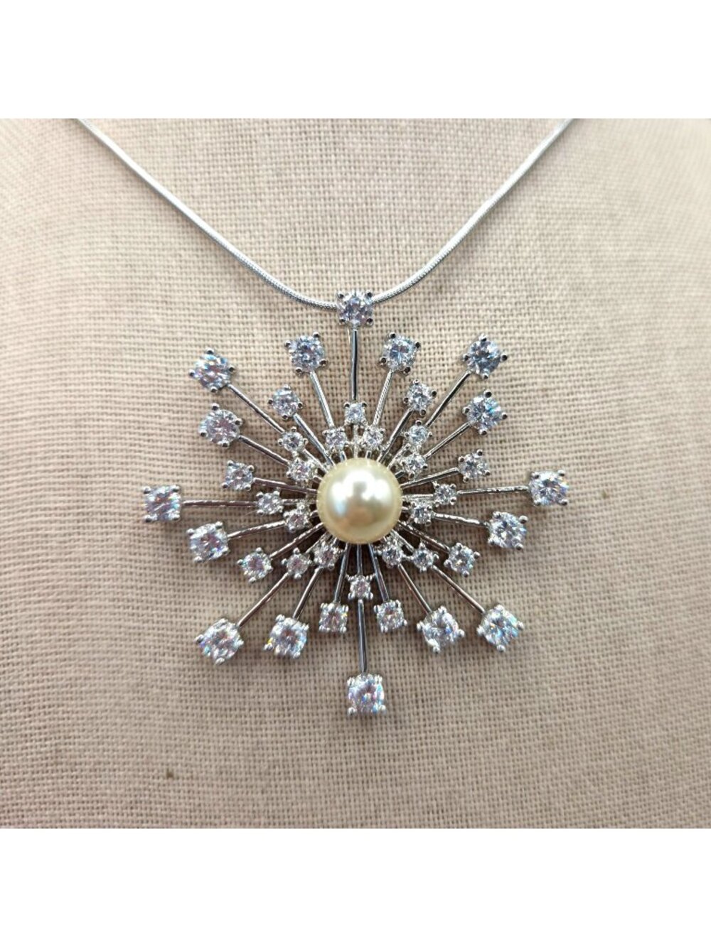 Jackie Kennedy Starburst Pendant Necklace Faux Pearl Rhinestone Chain JBK Signed